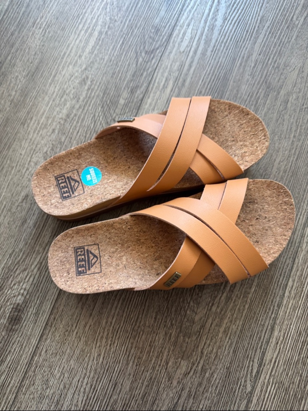 Like NEW. Reef Cognac Cross-Strap Cork Slide Sandals. Read Description